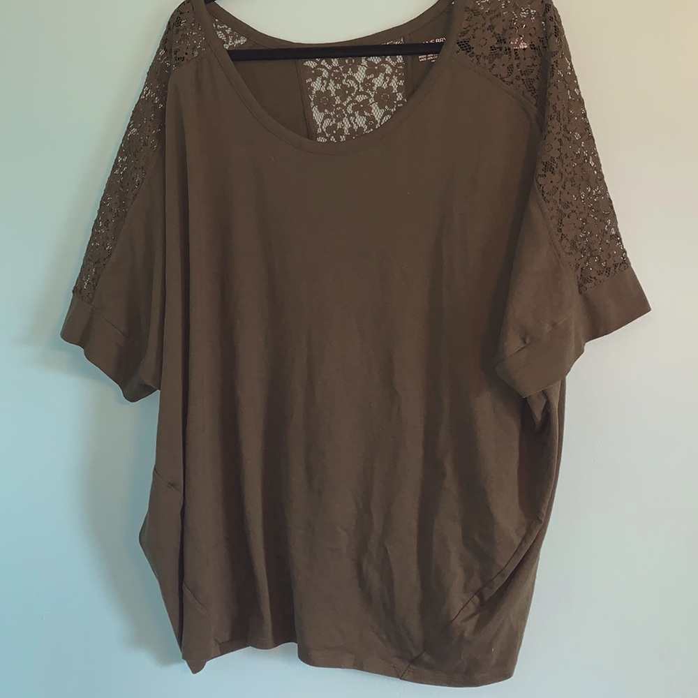 Lane Bryant 26/28 short sleeve green shirt lace insets down sleeves and back